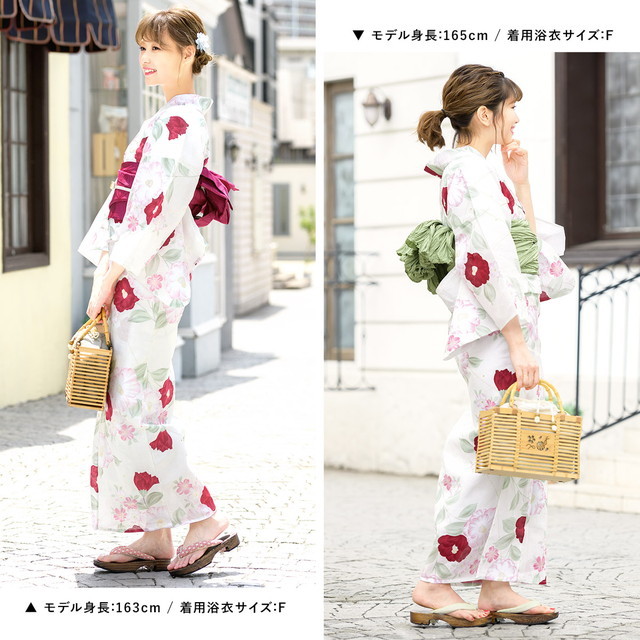 浴衣セット レディース レトロ 作り帯 浴衣セット 大人 3点セット 白系 ホワイト 赤紫 椿 花 ラメ 綿 女性 ボヌールセゾン フリー_4