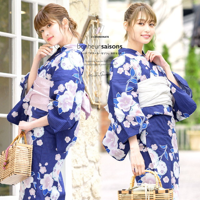 浴衣セット レディース レトロ 作り帯 浴衣セット 大人 3点セット 紺 ネイビー ピンク 椿 つばき 雪輪 金魚 縞 綿 ラメ 女性 ボヌールセゾン フリー