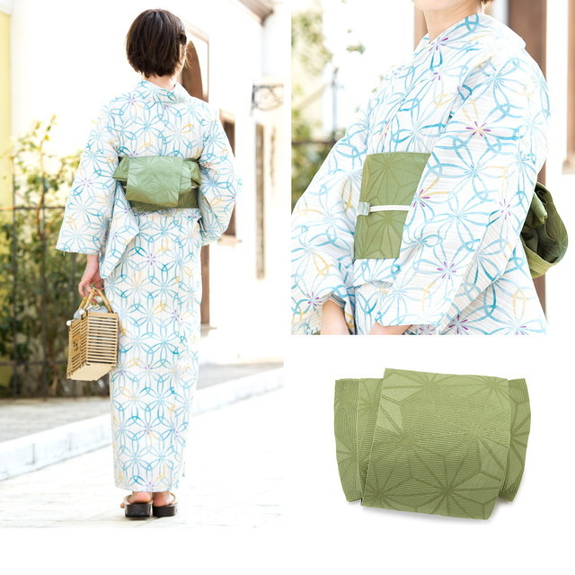 【浴衣3点セット】生成りに七宝縞 美品 フリーサイズ 新品未使用品 浴衣3点セット】生成りに七宝縞 美品 フリーサイズ 新品未使用品