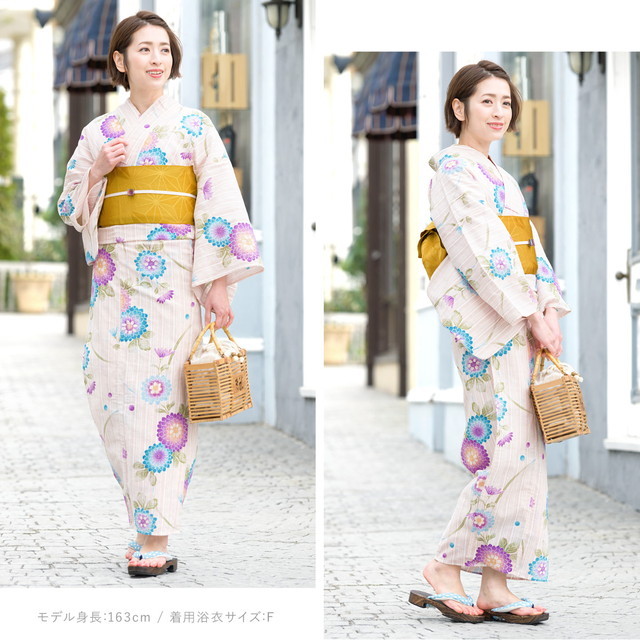 即納【レディース浴衣3点セット】浴衣セット/レディース/ベージュ/青/紫/薄緑/菊/花/綿麻/女性/マクレ/ボヌールセゾン/フリー/大人/送料無料 即納【レディース浴衣3点セット】浴衣セット/レディース/ベージュ/青