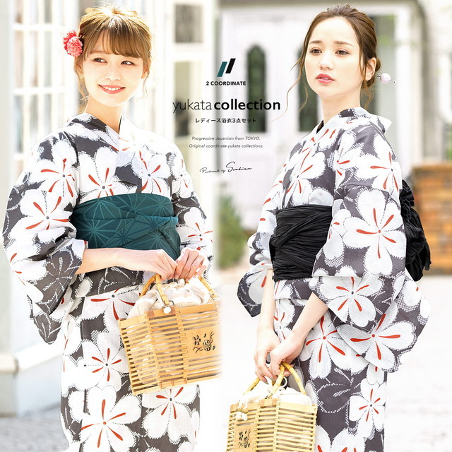 浴衣セット レディース 浴衣セット 作り帯（浴衣/帯/下駄） 灰色 グレー 白 ホワイト 桜 さくら 花 フラワー モダン 綿 レディース 夏 花火大会