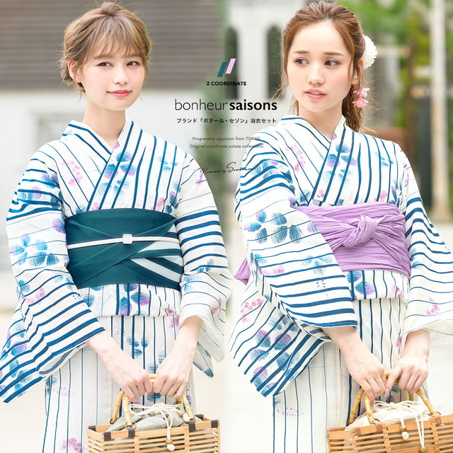 浴衣セット レディース レトロ 作り帯 浴衣セット 大人 3点セット 白系 ホワイト 藍 深緑 薄紫 萩 縞 綿麻 女性 ボヌールセゾン フリーの通販は