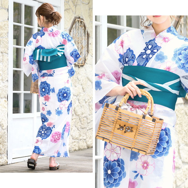 浴衣セット レディース レトロ 作り帯 浴衣セット 大人 3点セット 白 ホワイト 青緑 菊 桜 綿 紅梅 ラメ 女性 ボヌールセゾン S フリー 浴衣セット レディース レトロ 作り帯 浴衣セット 大人 3点セット 白