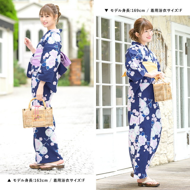 レディース　浴衣セット　身丈154cm　紺　黄　花　ストライプ　作り帯　リボン レディース 浴衣セット 身丈154cm 紺 黄 花 ストライプ 作り帯
