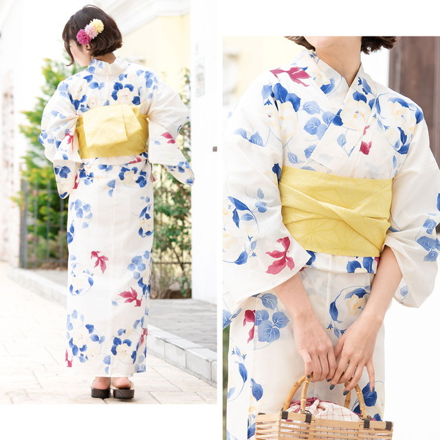 【浴衣5点セット】ボヌールセゾン　浴衣　半幅帯　飾り帯　かごバッグ　下駄　椿　縞 SOUBIEN 浴衣セット 3点セット（浴衣/帯/下駄） ボヌールセゾン