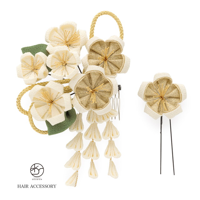 髪飾り 成人式 卒業式 和装 花 つまみ細工 2点セット 振袖 袴 白 金色 梅 藤下がり 組紐 ぶら飾り 縮緬 ちりめん Uピン コーム式 送料無料の通販は