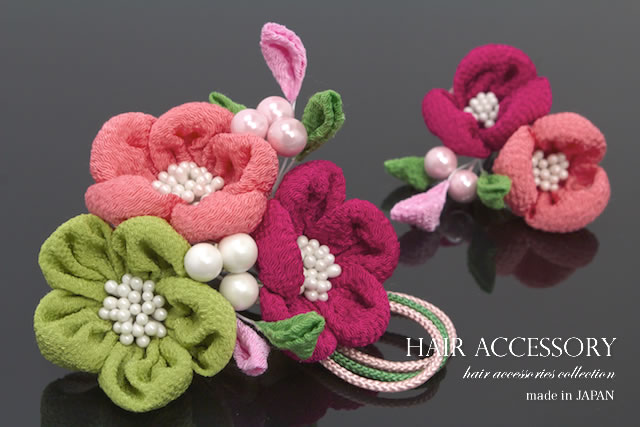 成人式 髪飾り 成人式の髪飾り 2点セット ピンク 黄緑 紅紫 縮緬 水引