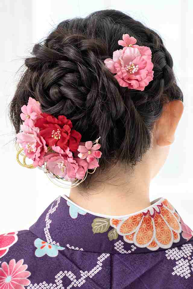 ピンクのマーガレット花のリボンの髪飾りセット（卒業式・袴・ちりめん細工）