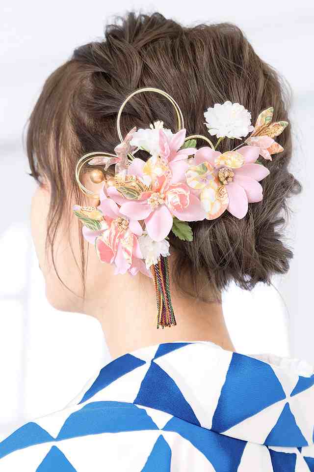 成人式 髪飾り 成人式の髪飾り 2点セット ピンク 花 房紐 水引