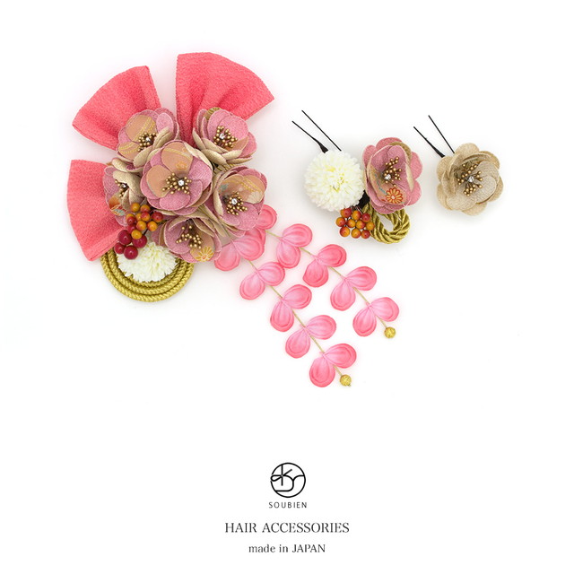 成人式 髪飾り 成人式の髪飾り 3点セット 桃色 ピンク 椿 ポンポン