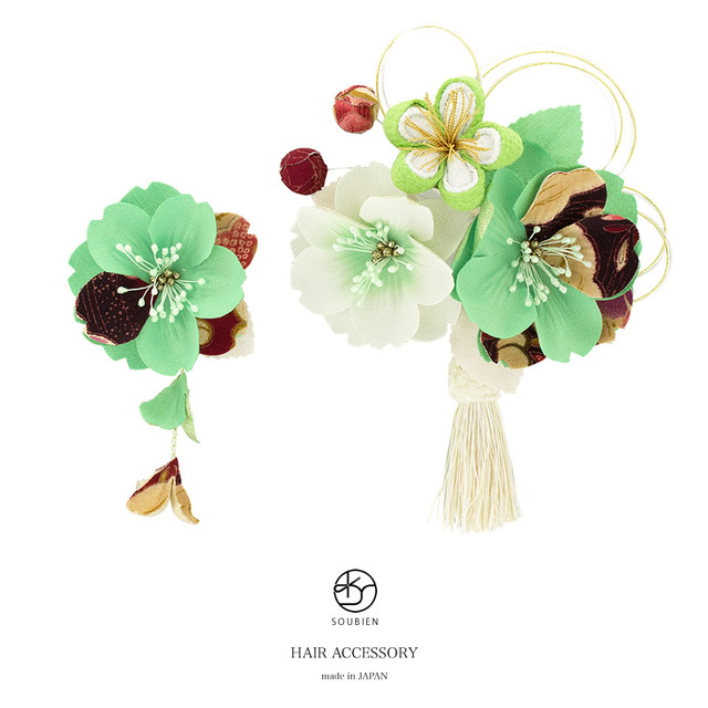成人式 髪飾り 成人式の髪飾り 2点セット 薄緑色 ライトグリーン 桜 花 和柄 房飾り 水引 コーム Uピン 髪留め 卒業式向け 振袖向け 袴向け ヘアアクセサリー 日本製 和装の通販は 7,980円