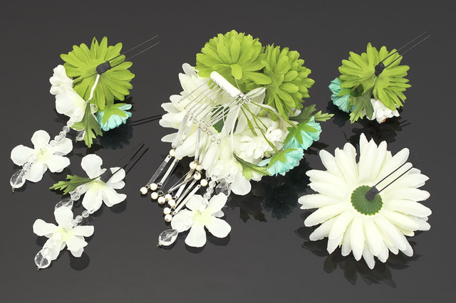 成人式 髪飾り 成人式の髪飾り 5点セット 黄緑色 グリーン 白