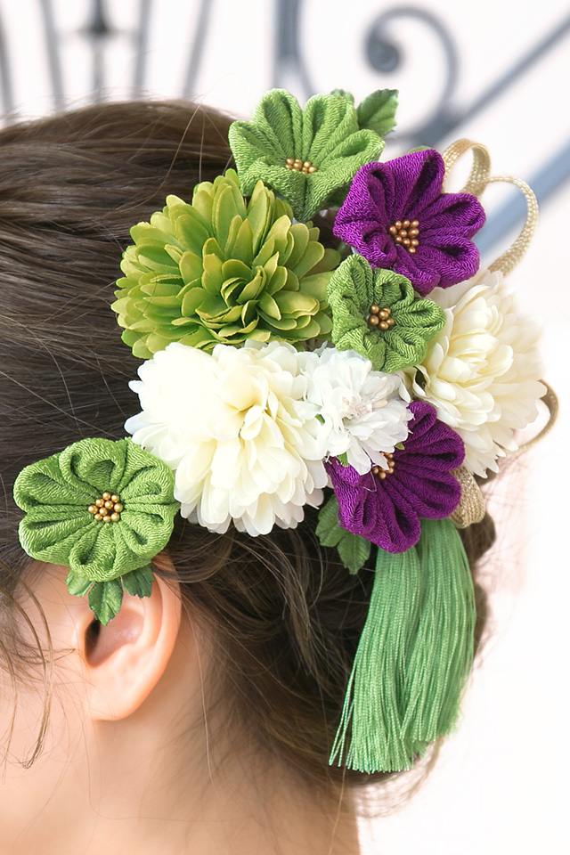 成人式 髪飾り 成人式の髪飾り つまみ細工 2点セット 緑色 グリーン