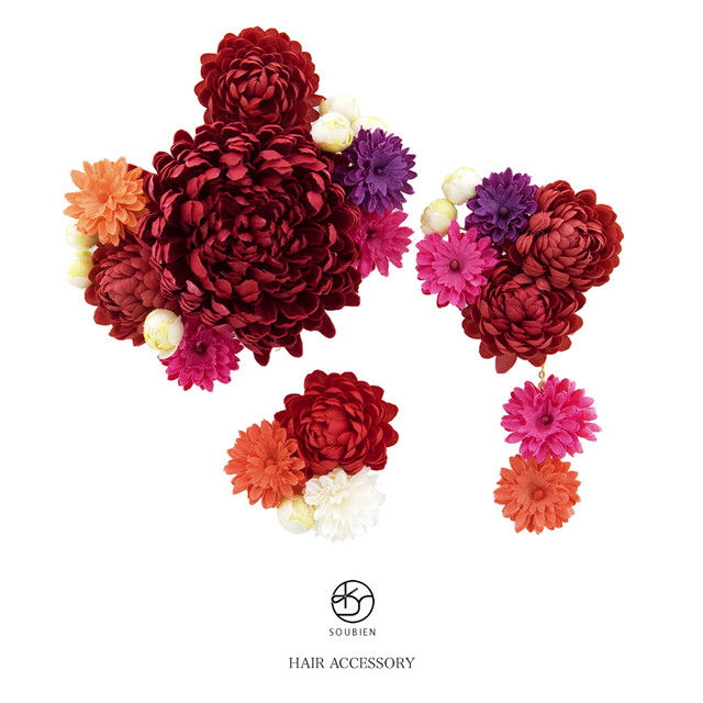 成人式 髪飾り 成人式の髪飾り 3点セット 赤系 レッド ピンポンマム