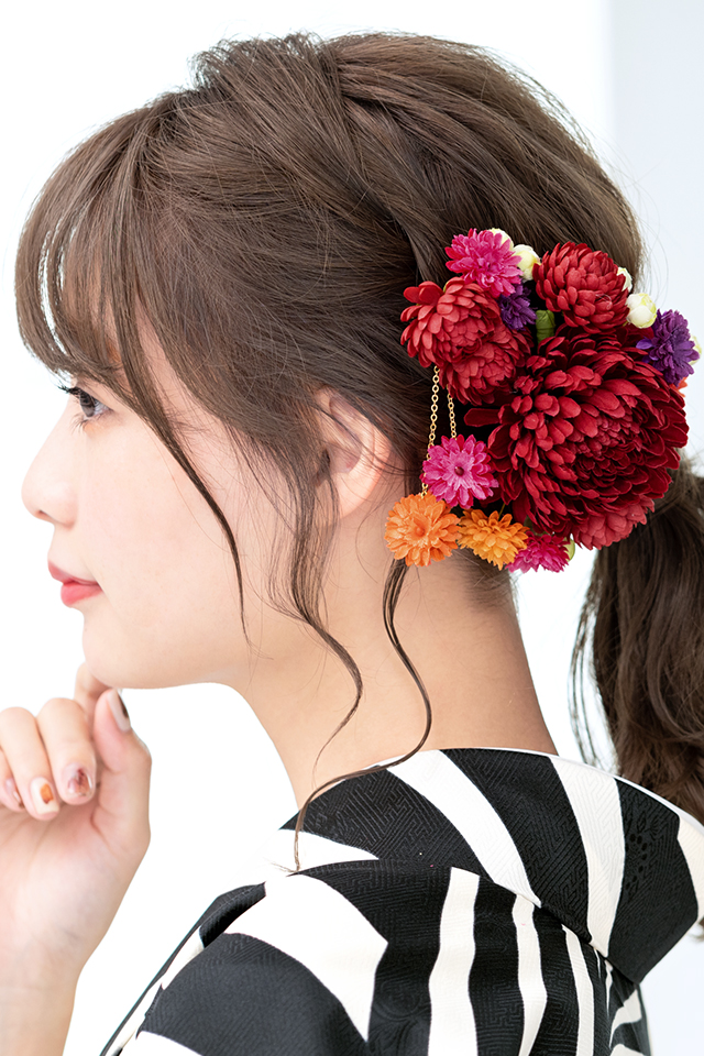 成人式 髪飾り 成人式の髪飾り 3点セット 赤系 レッド ピンポンマム