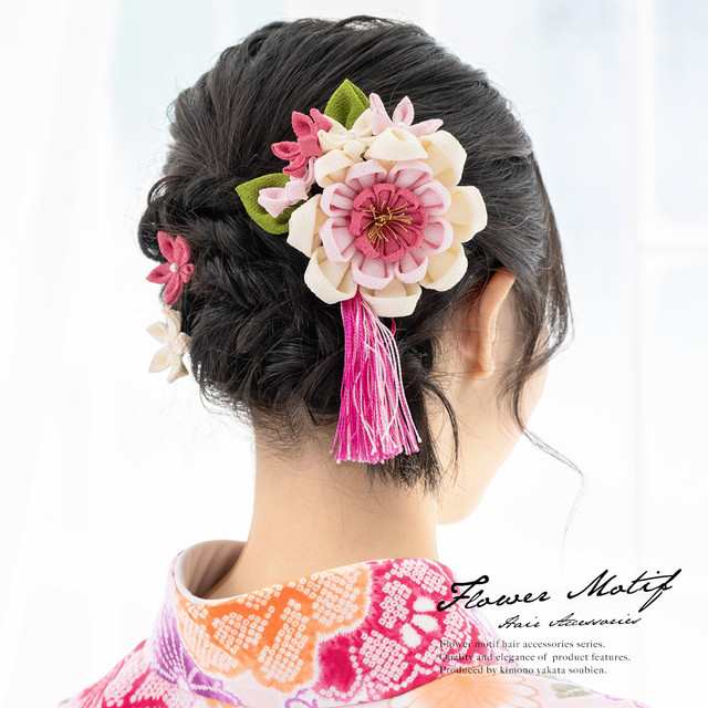 つまみ細工とお花の髪飾りパープル系セット