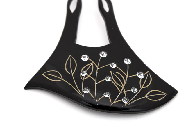 かんざし バチ型 和装 簪 髪飾り 黒 ブラック ラインストーン 植物 葉