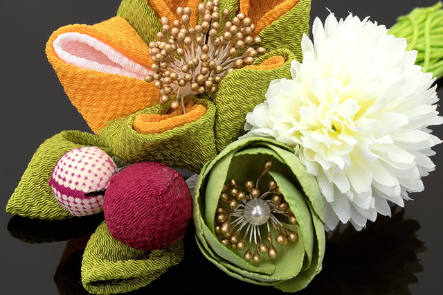 成人式 髪飾り 成人式の髪飾り つまみ細工 2点セット 黄緑 イエロー