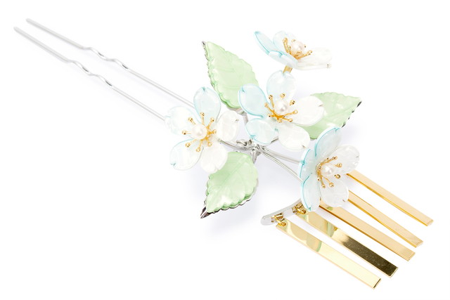 かんざし 簪 白 ホワイト 水色 緑 桜 フェイクパール びら飾り