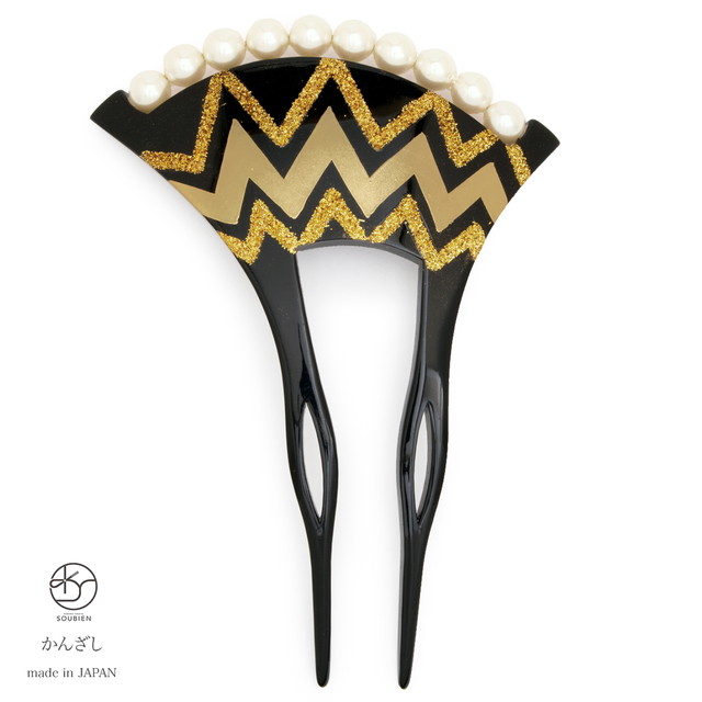 かんざし バチ型 和装 簪 髪飾り 黒 ブラック 金色 ゴールド 杉縞 手描き ラメ フェイクパール フォーマル 髪飾り かんざし ヘアアクセサリー 日本製