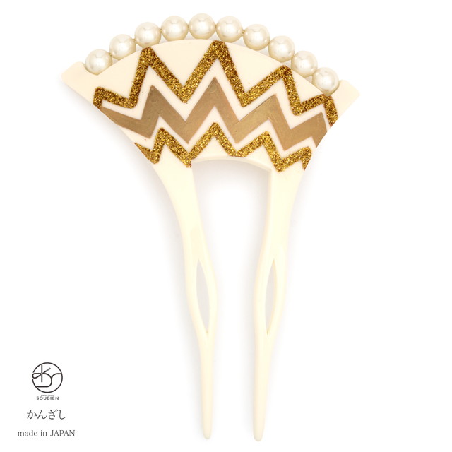 かんざし バチ型 和装 簪 髪飾り 白乳色 オフホワイト 金色 ゴールド 杉縞 手描き ラメ フェイクパール フォーマル 髪飾り かんざし ヘアアクセサリー 日本製