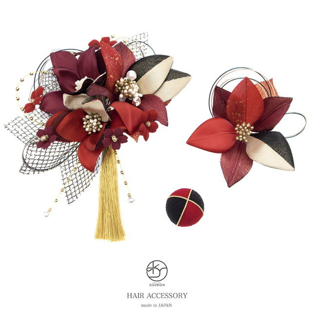成人式 髪飾り 成人式の髪飾り 3点セット 赤 レッド 黒 金色 桜 サクラ