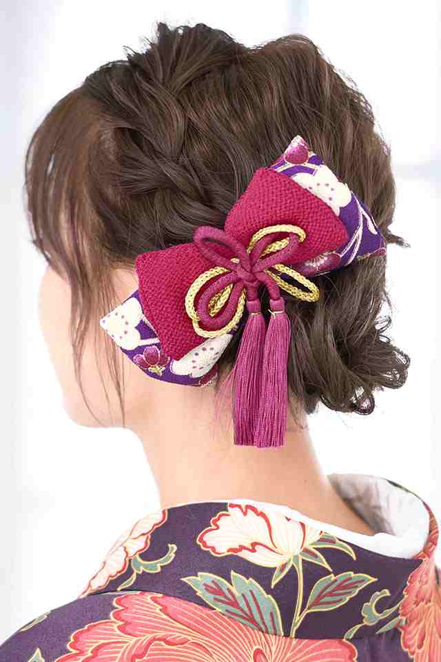 髪飾り リボン 赤紫 ワインレッド 梅 花 丸ぐけ紐 りぼん 縮緬