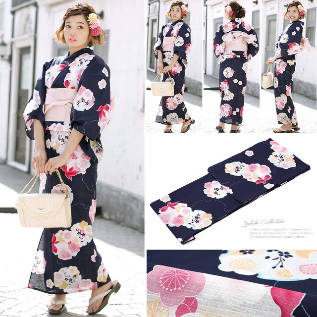 浴衣セット レディース レトロ 浴衣セット 大人 3点セット 紺系 ネイビー 白 雪輪 梅 花 金魚 綿 紅梅織 兵児帯 女性 ボヌールセゾン フリー 浴衣セット レディース レトロ 浴衣セット 大人 3点セット 紺系