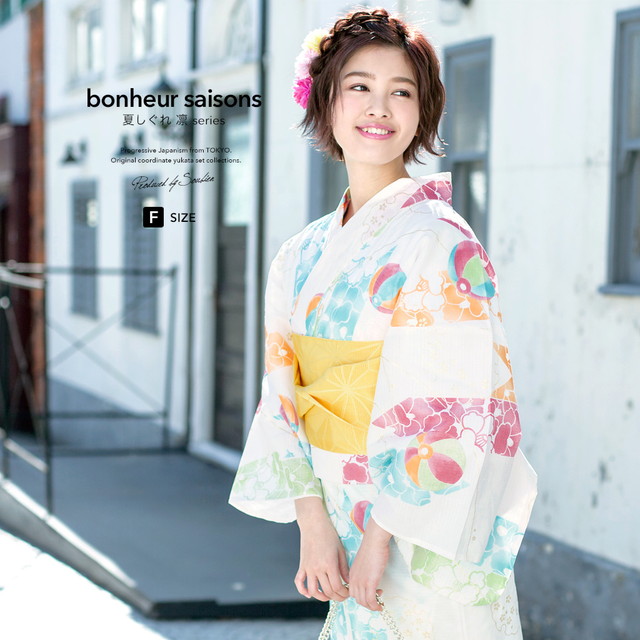 浴衣セット レディース レトロ 浴衣セット 大人 3点セット 白系 ホワイト カラフル 黄色 雪輪 椿 紙風船 ラメ 綿 紅梅織 半幅帯 女性 ボヌールセゾン フリー 浴衣セット レディース レトロ 浴衣セット 大人 3点セット 白系