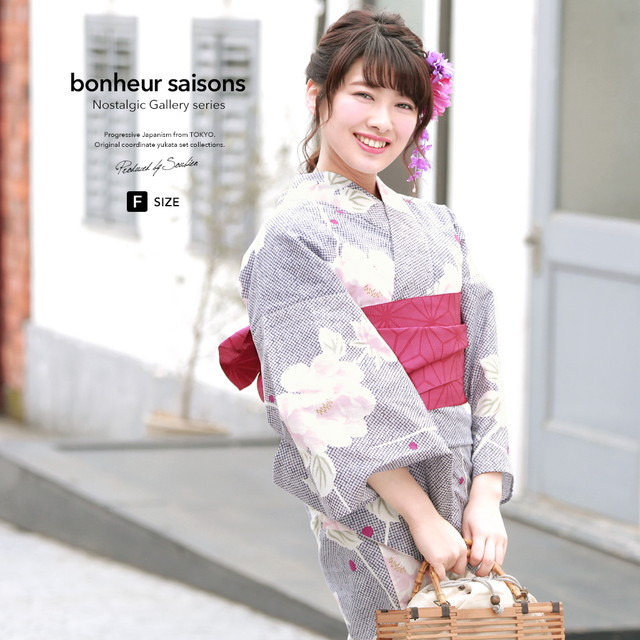 浴衣セット レディース レトロ 浴衣セット 大人 3点セット 青系 ブルー ピンク 紫系 鹿の子 牡丹 花 露芝 ラメ 手捺染 手縫い 綿麻 半幅帯 女性 ボヌールセゾン フリーの通販は 24,990円
