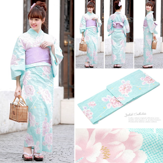 浴衣セット レディース レトロ 浴衣セット 大人 3点セット 水色 ブルー