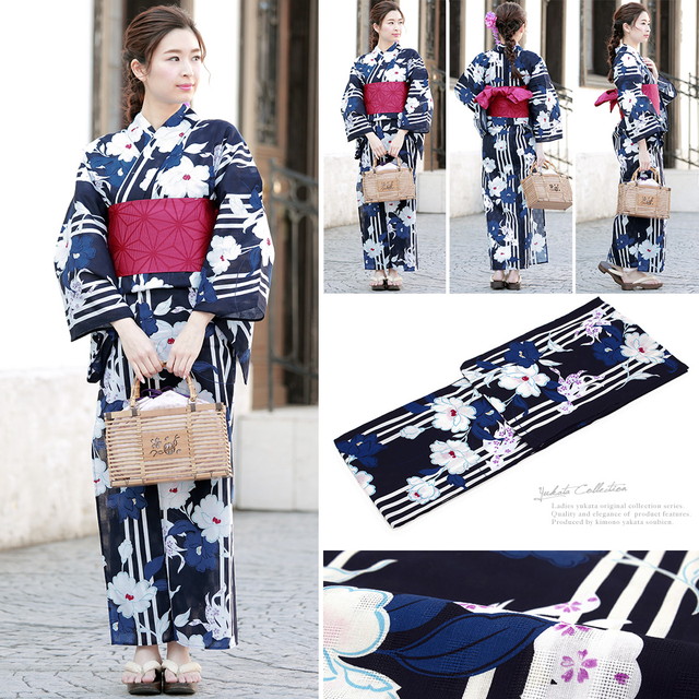 浴衣セット レディース レトロ 浴衣セット 大人 3点セット 紺系