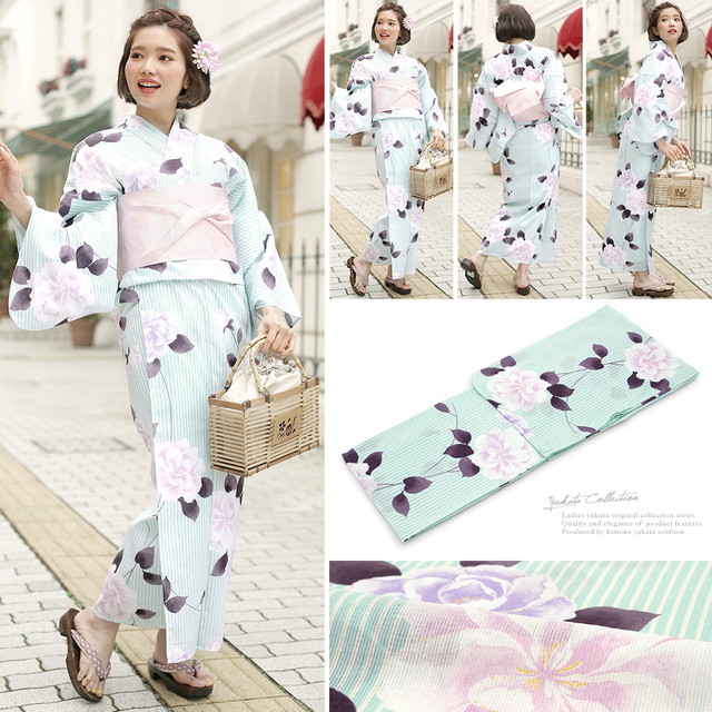 浴衣セット レディース レトロ 浴衣セット 大人 3点セット 水色 ブルー