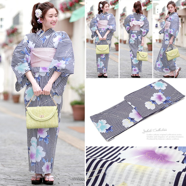 浴衣セット レディース レトロ 浴衣セット 大人 3点セット 紺系
