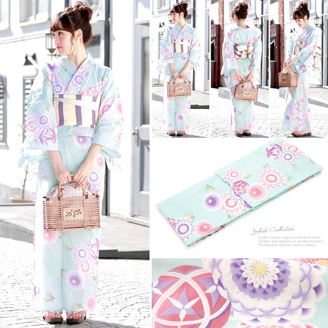浴衣セット レディース レトロ 浴衣セット 大人 3点セット 水色 ブルー