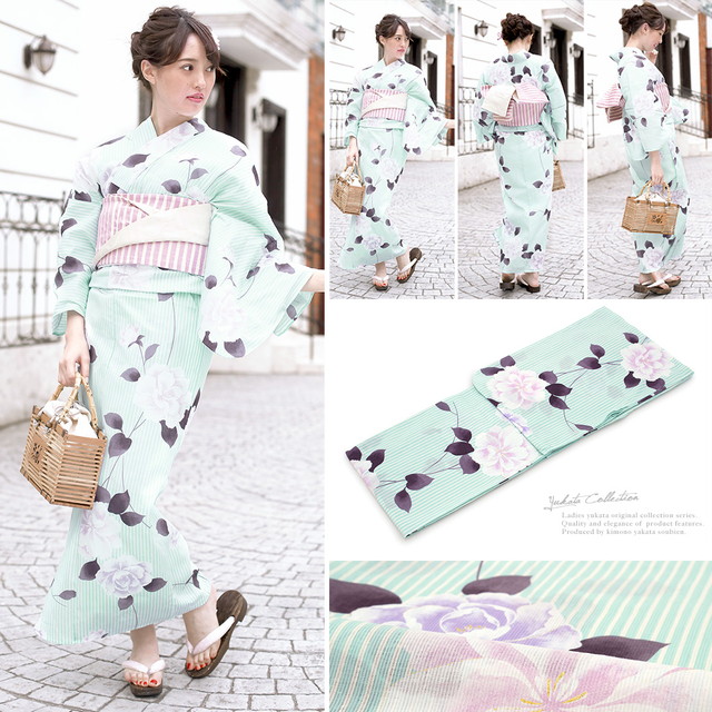 浴衣セット レディース レトロ 浴衣セット 大人 3点セット 水色 ブルー