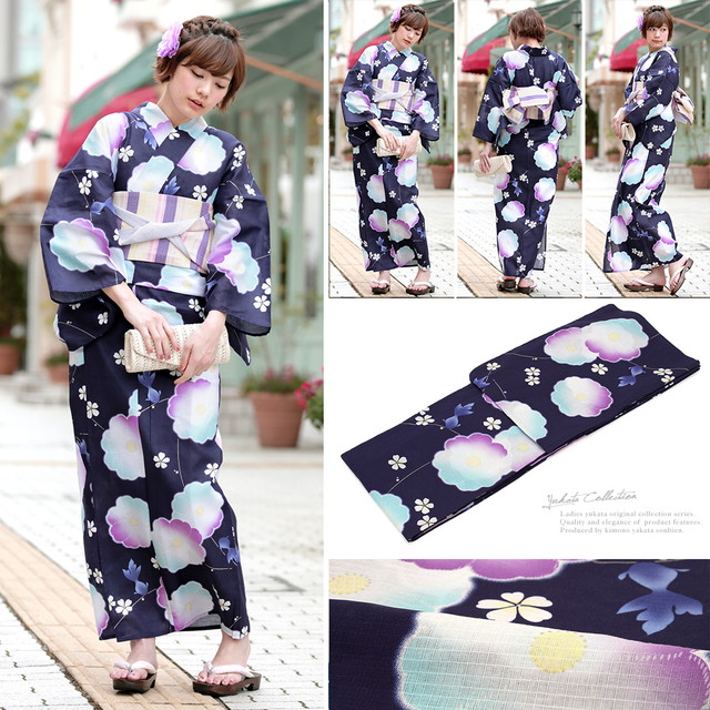 浴衣セット レディース レトロ 浴衣セット 大人 3点セット 紺系