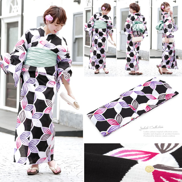 浴衣セット レディース レトロ 浴衣セット 大人 3点セット 黒 ブラック 白 紫 水色 麻の葉風 花 ラメ 綿 紅梅織 兵児帯 女性 ボヌールセゾン フリー 浴衣セット レディース レトロ 浴衣セット 大人 3点セット 黒 ブラック
