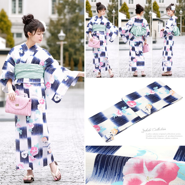 浴衣セット レディース レトロ 浴衣セット 大人 3点セット 紺 ネイビー