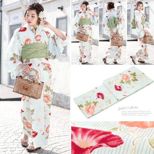 浴衣セット レディース レトロ 浴衣セット 大人 3点セット 水色 ブルー