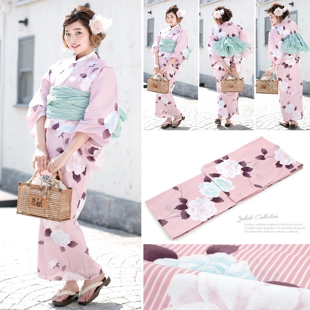 浴衣セット レディース レトロ 浴衣セット 大人 3点セット ピンク 白 水色 牡丹 縞 ラメ 綿麻 兵児帯 女性 ボヌールセゾン フリー 浴衣セット レディース レトロ 浴衣セット 大人 3点セット ピンク 白