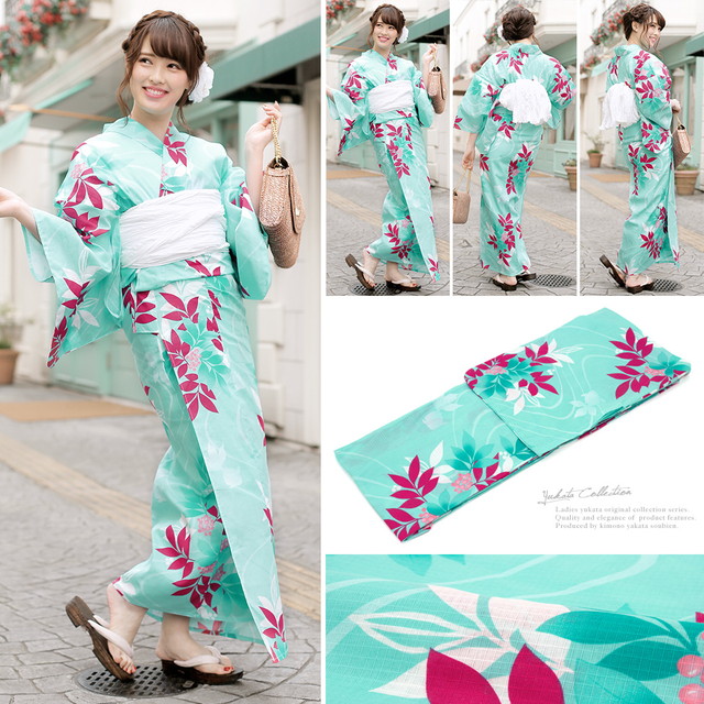 浴衣セット レディース レトロ 浴衣セット 大人 3点セット 緑系 グリーン 水色 ターコイズ 白 南天 流水 金魚 綿 紅梅織 兵児帯 女性 ボヌールセゾン フリー 浴衣セット レディース レトロ 浴衣セット 大人 3点セット 緑系