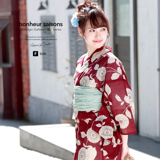 浴衣セット レディース レトロ 浴衣セット 大人 3点セット 赤 レッド 水色 菊 キク 花 猫 ネコ ねこ 綿麻 兵児帯 女性 ボヌールセゾン フリー