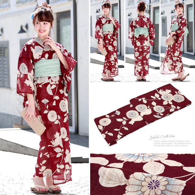 浴衣セット レディース レトロ 浴衣セット 大人 3点セット 赤 レッド