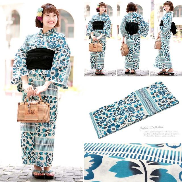 浴衣セット レディース レトロ 浴衣セット 大人 3点セット 青系 ブルー