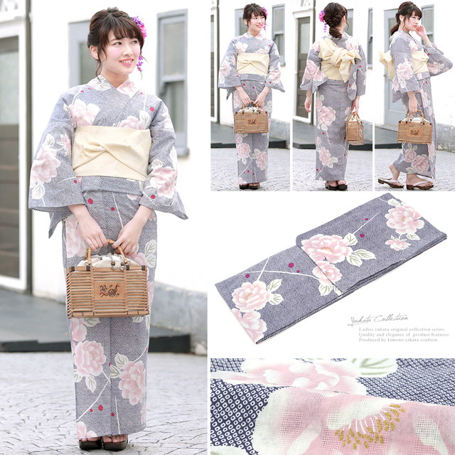 浴衣セット レディース レトロ 浴衣セット 大人 3点セット 青系 ブルー