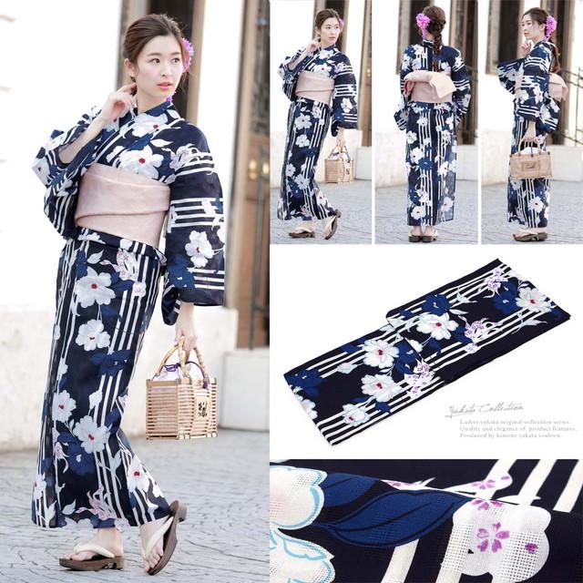 浴衣セット レディース レトロ 浴衣セット 大人 3点セット 紺系