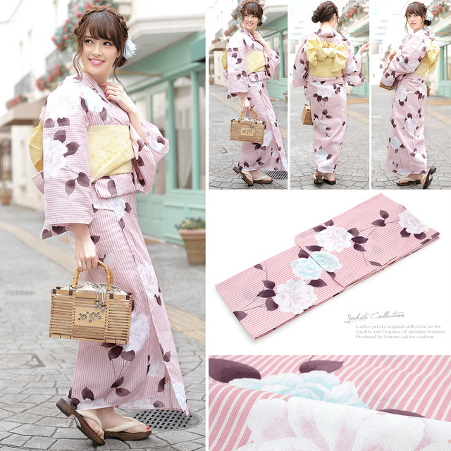 浴衣セット レディース レトロ 浴衣セット 大人 3点セット ピンク 黄色