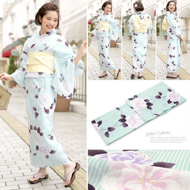 浴衣セット レディース レトロ 浴衣セット 大人 3点セット 水色 ブルー