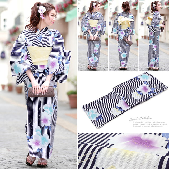 浴衣セット レディース レトロ 浴衣セット 大人 3点セット 紺系